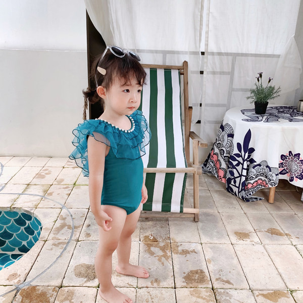 Uus mudel kahes värvitoonis pärlite ja tülliga laste ujumistrikoo