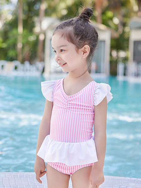 Детски цял бански с квадратно деколте и панделка 