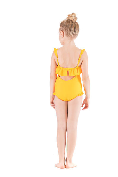 Kollaste lokkide ja õhukeste rihmadega laste ujumistrikoo