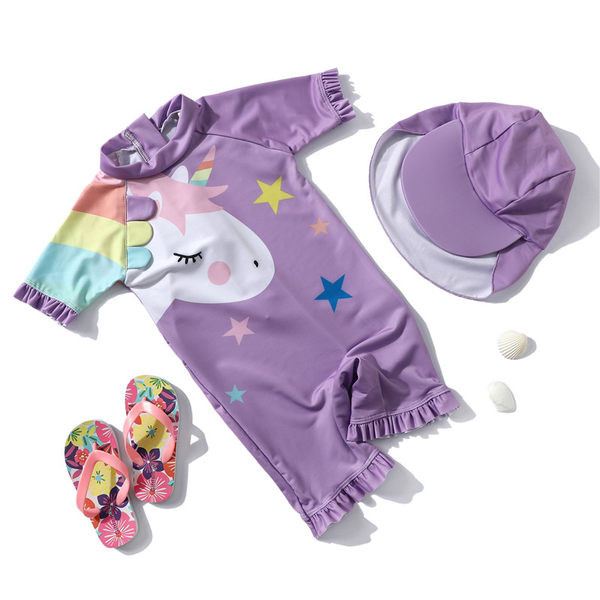 Детски цял бански с 3/4 ръкав и цветна апликация 