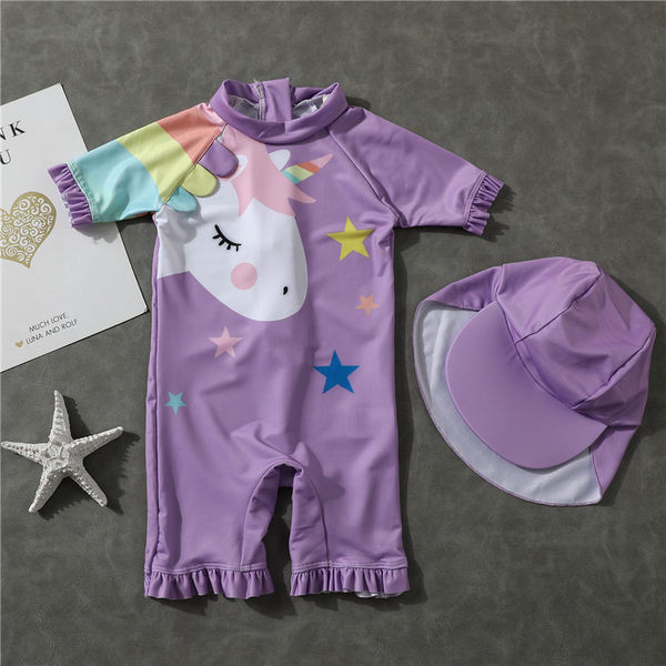 Детски цял бански с 3/4 ръкав и цветна апликация 