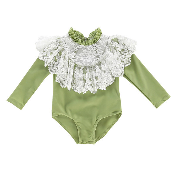 Pikkade varrukate ja pitsiga laste täisujumistrikoo