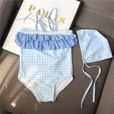 Детски цял бански с тънки презрамки в бял и син цвят