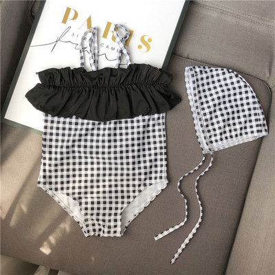 Детски цял бански с тънки презрамки в бял и син цвят