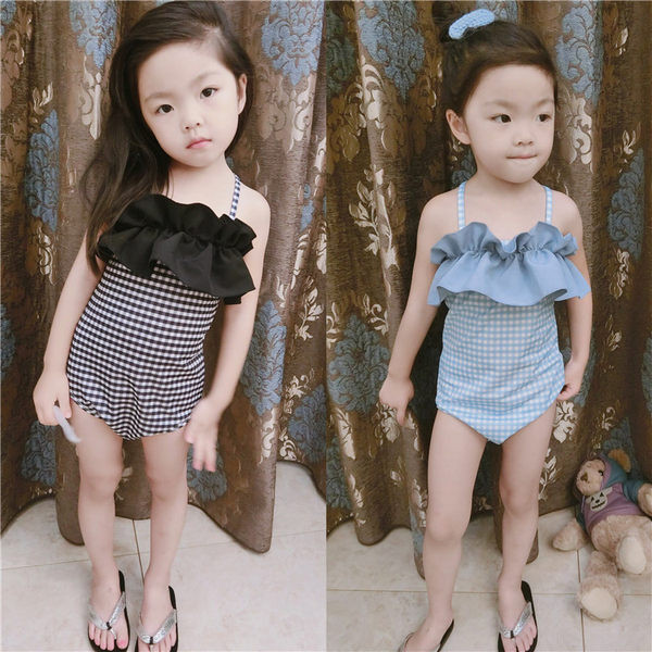 Детски цял бански с тънки презрамки в бял и син цвят