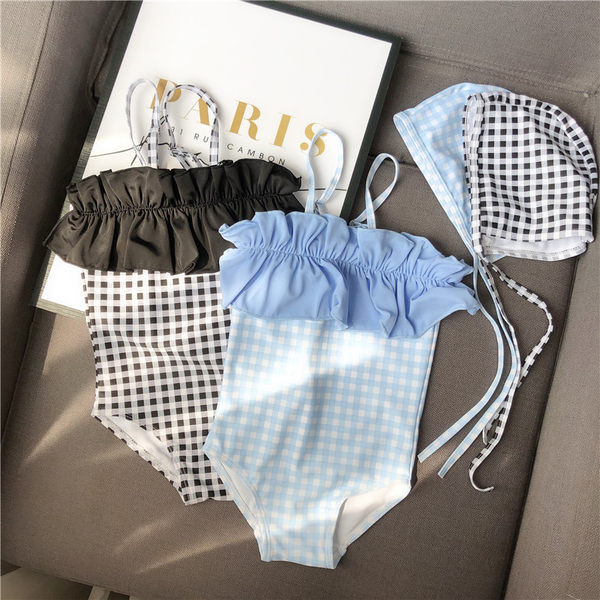 Детски цял бански с тънки презрамки в бял и син цвят