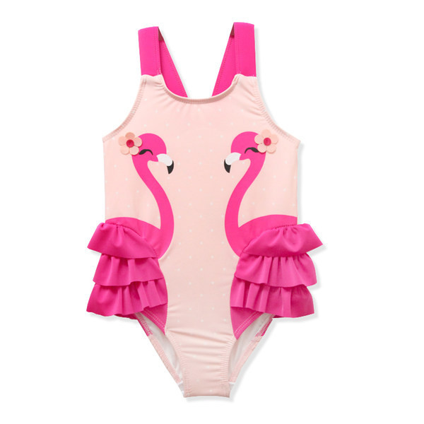 Roosa värvi ja aplikatsiooniga laste ujumistrikoo