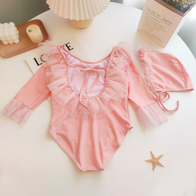 Cijeli kupaći kostim za djevojčice sa 3/4 rukavima i tilom