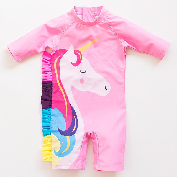 Ολόσωμο παιδικό μαγιό  με μακριά μανίκια και απλικέ για κορίτσια σε ροζ χρώμα