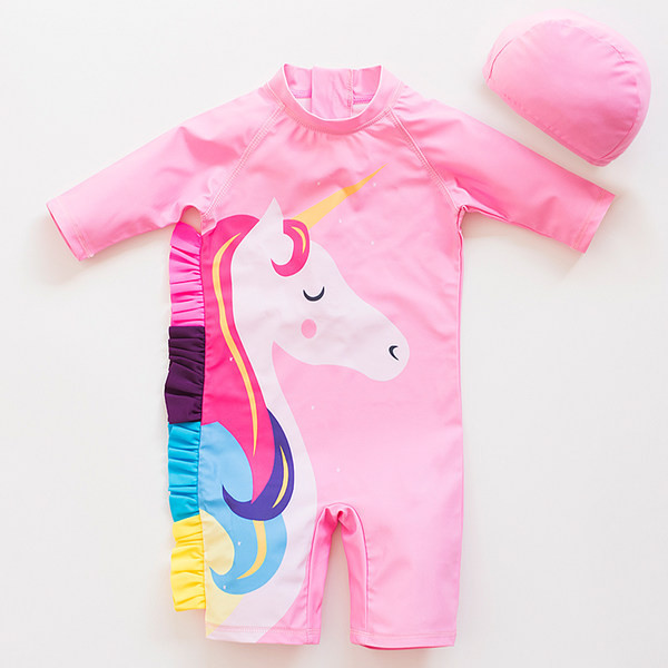 Ολόσωμο παιδικό μαγιό  με μακριά μανίκια και απλικέ για κορίτσια σε ροζ χρώμα