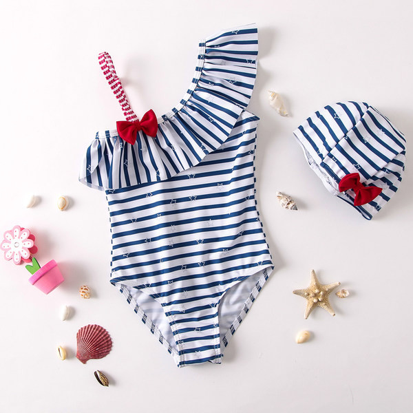 Bērnu pilnsvītrains peldkostīms ar vienu lencīti un lentīti