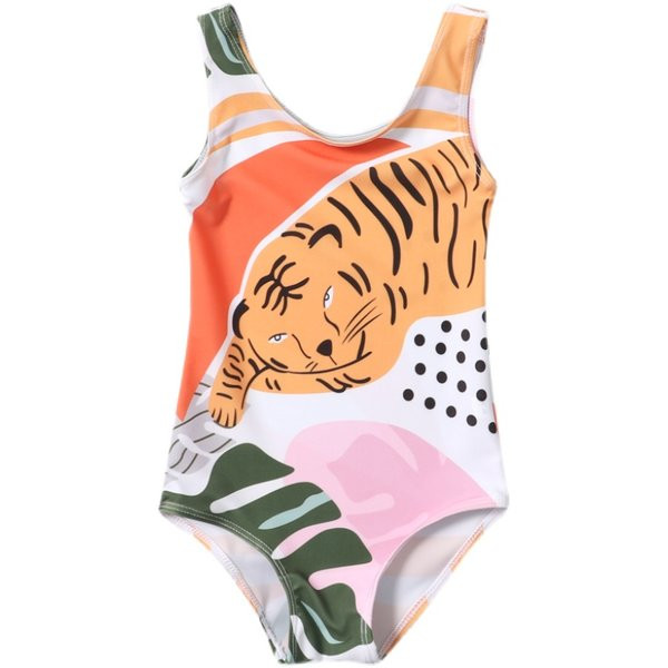 Vaikiškas pilnas maudymosi kostiumėlis plačiomis petnešėlėmis ir spalvotu raštu