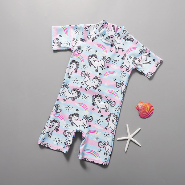 Детски цял бански за момичета с къс ръкав 