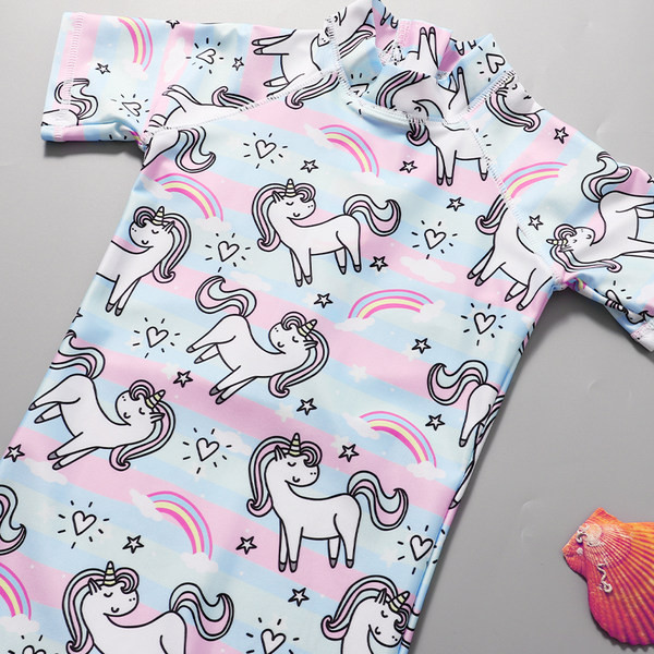 Детски цял бански за момичета с къс ръкав 