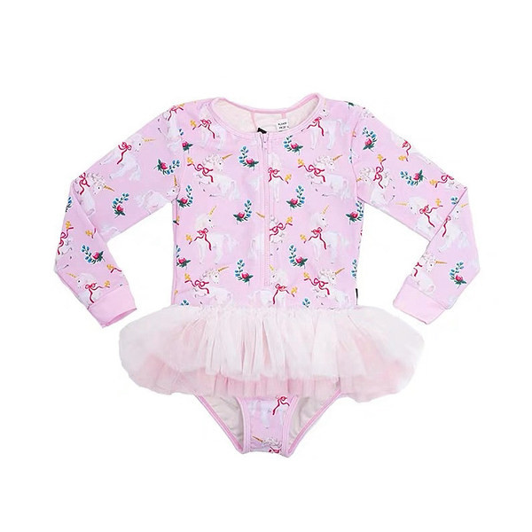 Laste ujumistrikoo pikkade varrukatega ja pitsaseelikuga