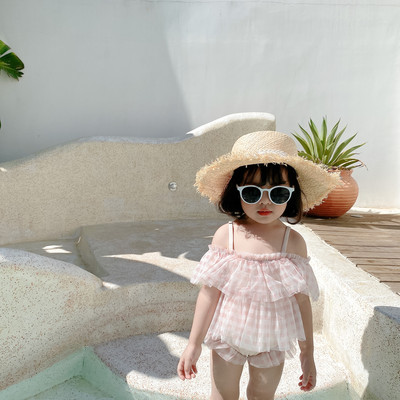 Karirani dječji kupaći kostim iz dva dijela - rozi