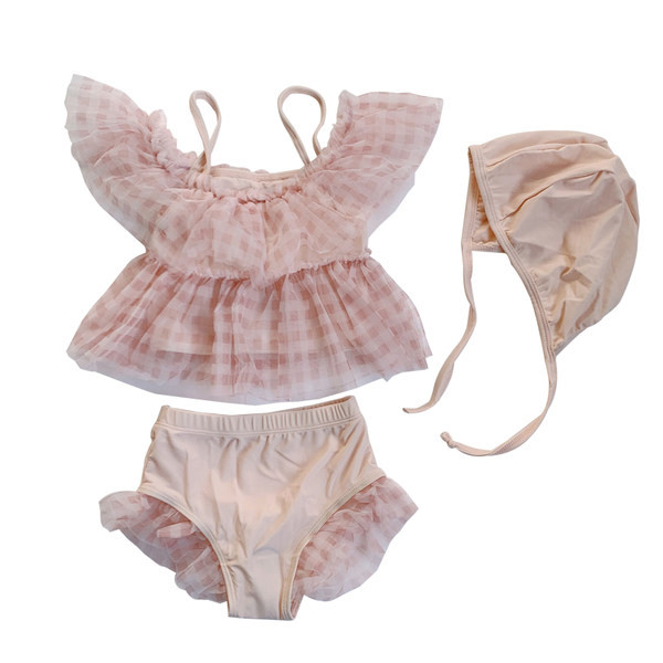 Karirani dječji kupaći kostim iz dva dijela - rozi