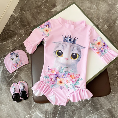 Laste täisujumistrikoo pikkade varrukatega ja aplikatsiooniga kassipoeg