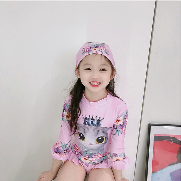 Laste täisujumistrikoo pikkade varrukatega ja aplikatsiooniga kassipoeg