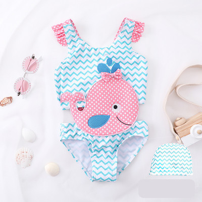 Детски цял бански с широки презрамки и апликация 