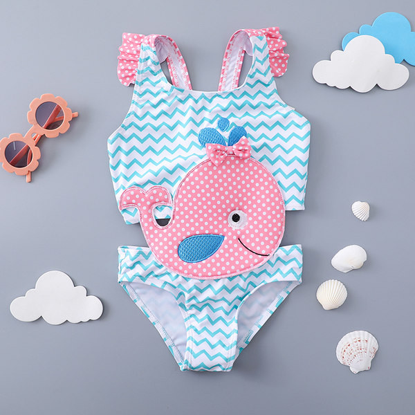 Детски цял бански с широки презрамки и апликация 