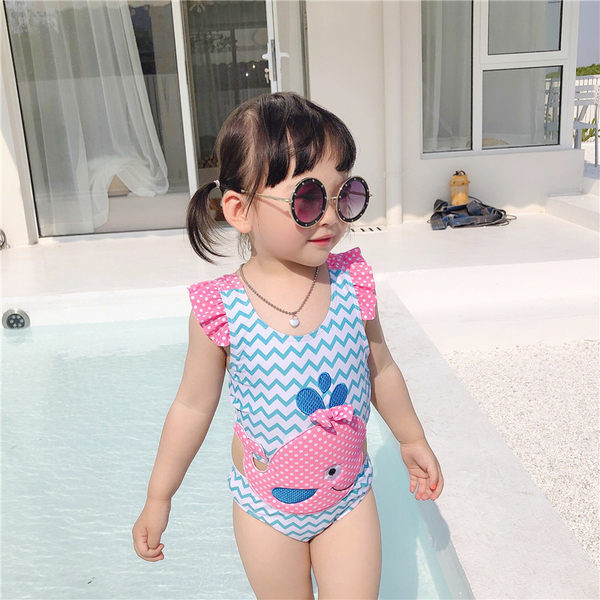 Детски цял бански с широки презрамки и апликация 