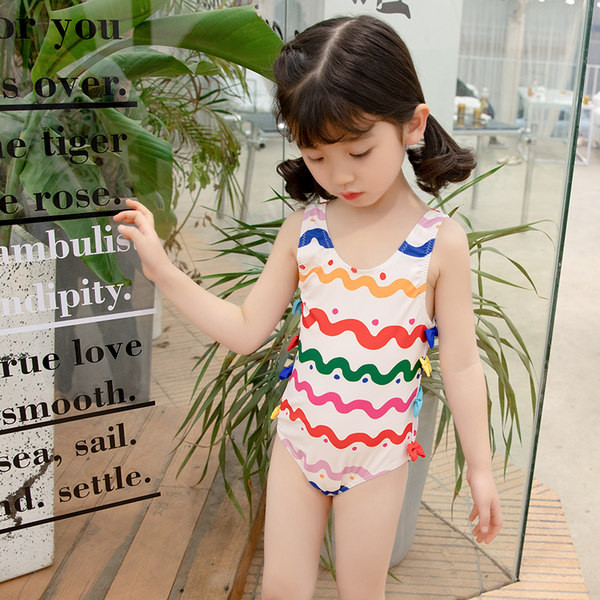 Täielik värvilise aplikatsiooni ja paelaga ujumistrikoo tüdrukutele