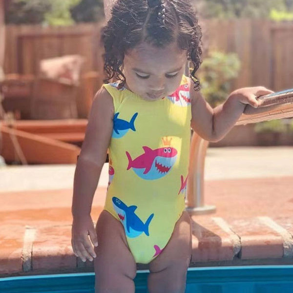 Laste kollane värvilise aplikatsiooniga ujumistrikoo