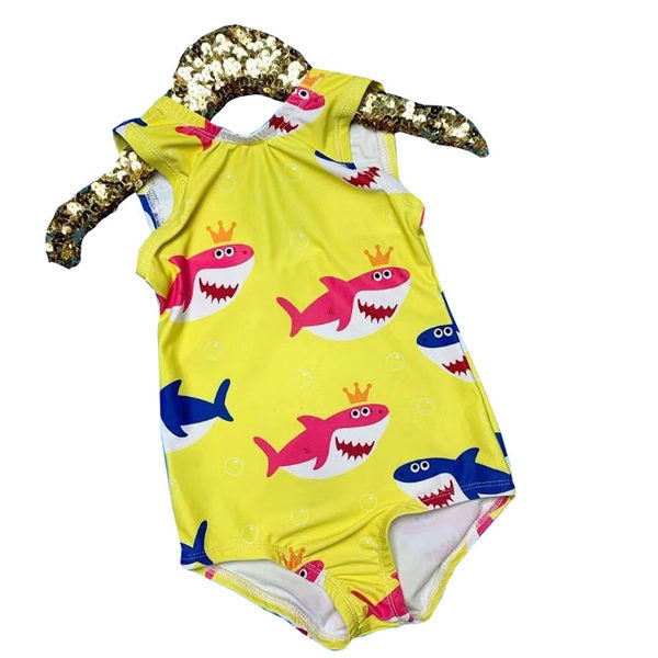 Laste kollane värvilise aplikatsiooniga ujumistrikoo