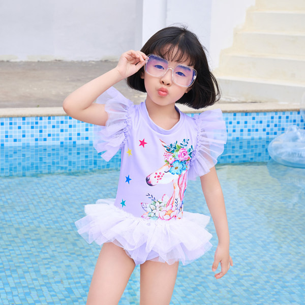 Moodne tülli ja värvilise aplikatsiooniga ujumistrikoo tüdrukutele