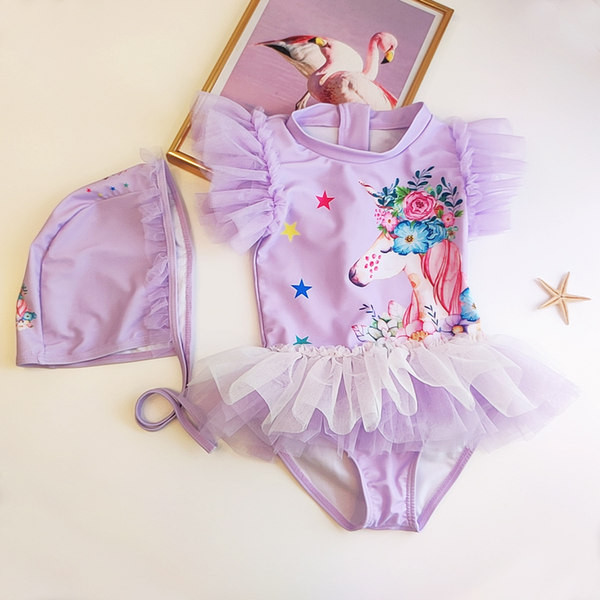 Moodne tülli ja värvilise aplikatsiooniga ujumistrikoo tüdrukutele