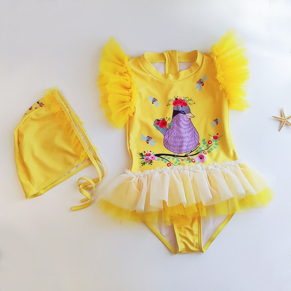 Moodne tülli ja värvilise aplikatsiooniga ujumistrikoo tüdrukutele