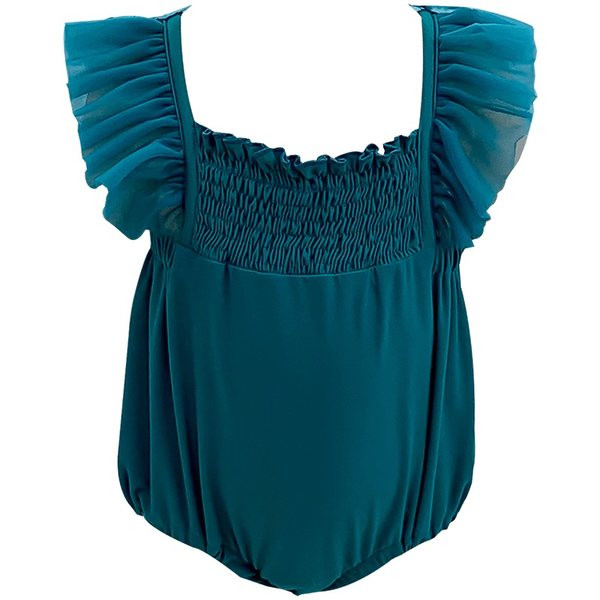 Roheline laste ujumistrikoo, millel on seljal 3D tiivad