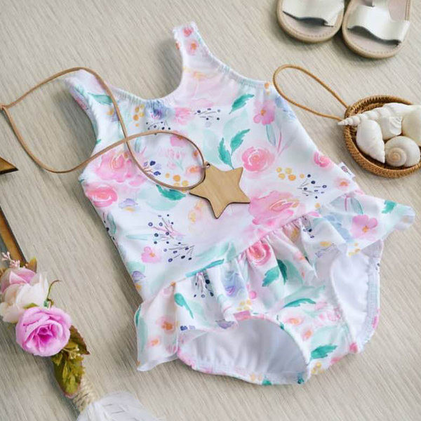 Vaikiškas maudymosi kostiumėlis su gėlių raštu - mergaitėms