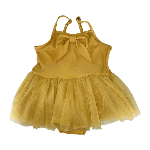 Peenikeste rihmadega kollane laste ujumistrikoo