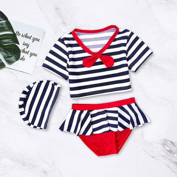 Ριγέ παιδικό μαγιό με κορδέλα για κορίτσια