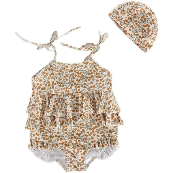 Dječji puni kupaći kostim s tankim naramenicama i kovrčama - cvjetni uzorak