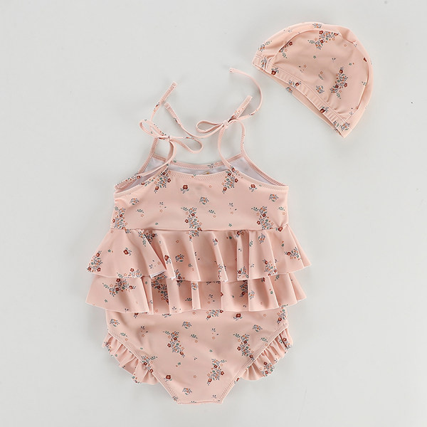 Dječji puni kupaći kostim s tankim naramenicama i kovrčama - cvjetni uzorak