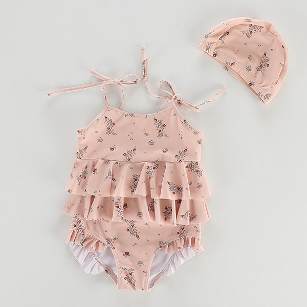 Dječji puni kupaći kostim s tankim naramenicama i kovrčama - cvjetni uzorak