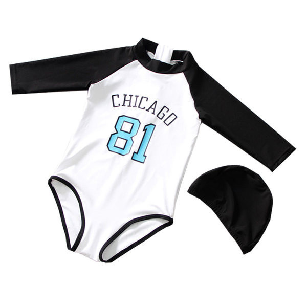 Laste ujumistrikoo kolmes värvitoonis kirjadega