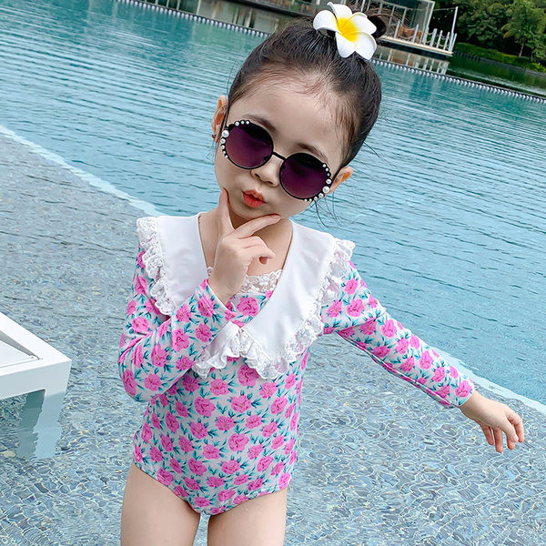 Dječji cijeli kupaći kostim s ovratnikom i cvjetnim uzorkom