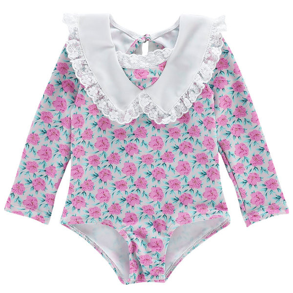 Dječji cijeli kupaći kostim s ovratnikom i cvjetnim uzorkom