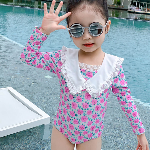 Dječji cijeli kupaći kostim s ovratnikom i cvjetnim uzorkom