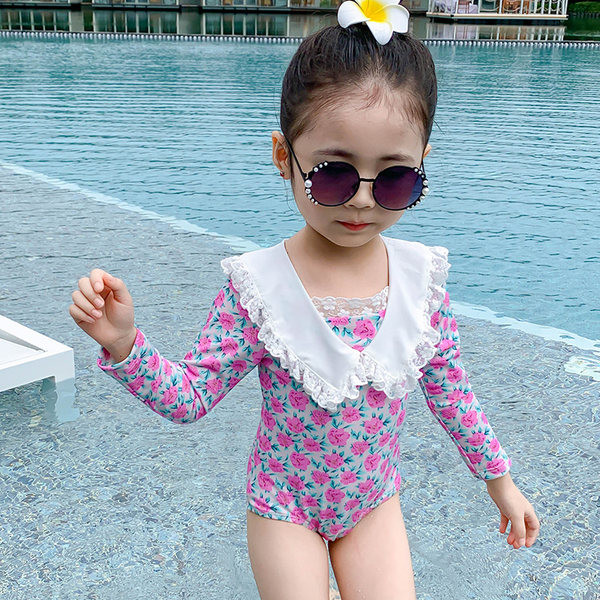 Dječji cijeli kupaći kostim s ovratnikom i cvjetnim uzorkom