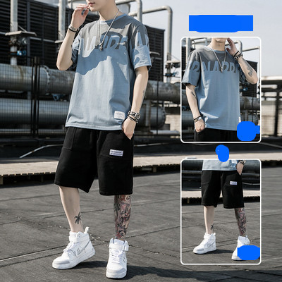 Ανδρικό βαμβακερό σετ με επιγραφή και οβάλ ντεκολτέ