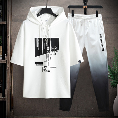 Moodne meeste komplekt kaheosalistest pükstest ja kapuutsiga pluusist