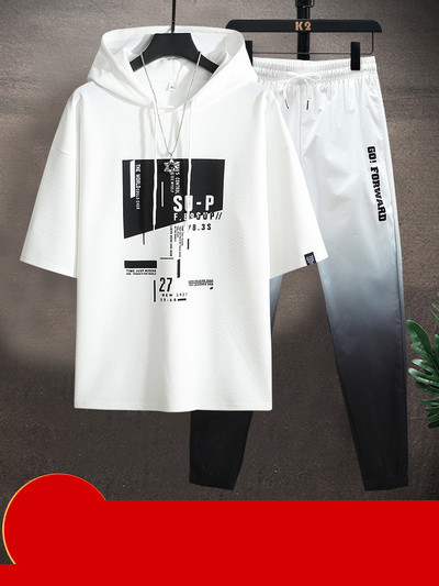 Moodne meeste komplekt kaheosalistest pükstest ja kapuutsiga pluusist