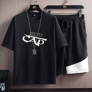 Мъжки комплект от тениска с апликация и къс панталон