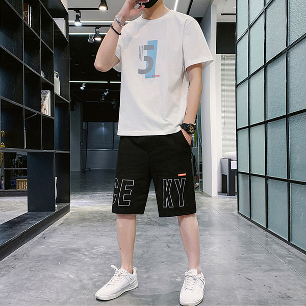 Ikdienas vīriešu T-kreklu komplekts ar numuru aplikāciju un šortiem