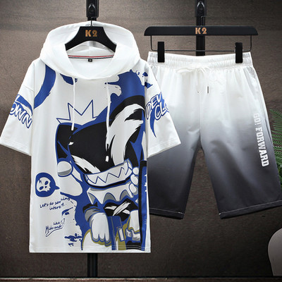 Meeste vabaaja komplekt kaheosalisest kapuutsiga pluusi ja lühikeste pükstega